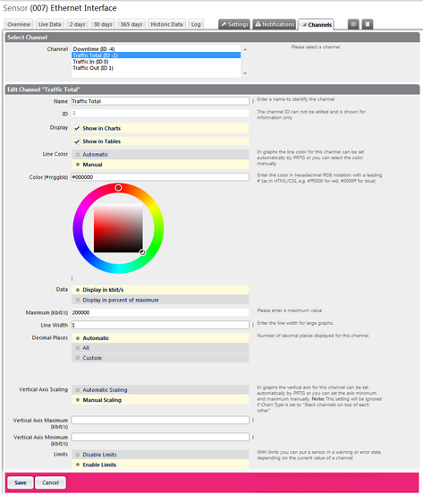 Example: Channel Settings for an SNMP Traffic Sensor