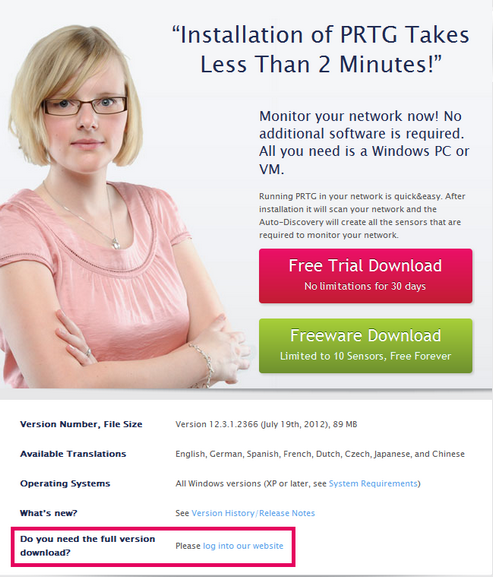 PRTG Download at Paessler Website